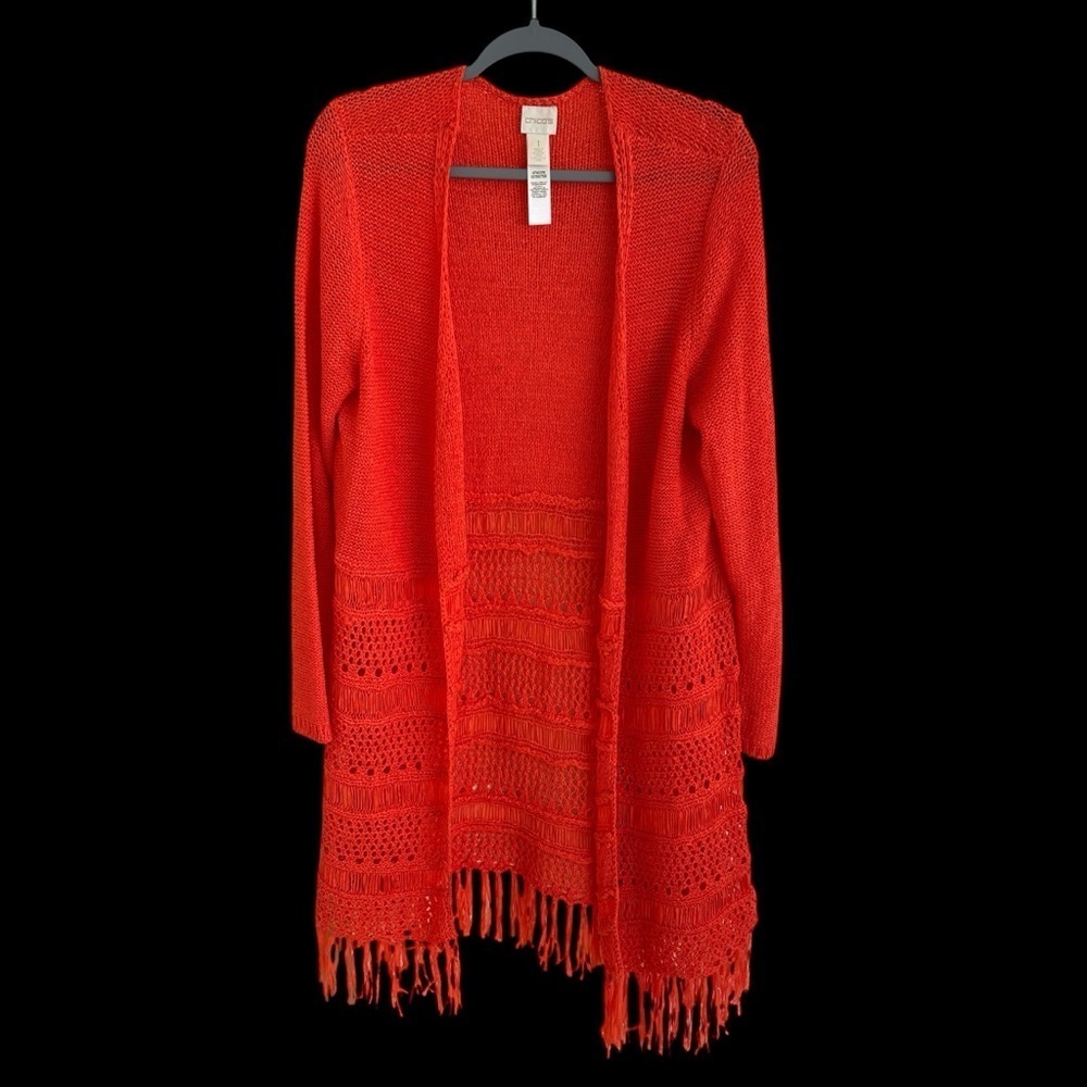 Chicos sz 1 Medium Bright Orange Open Front Fringe sweater‎ Cardigan Topper Boho